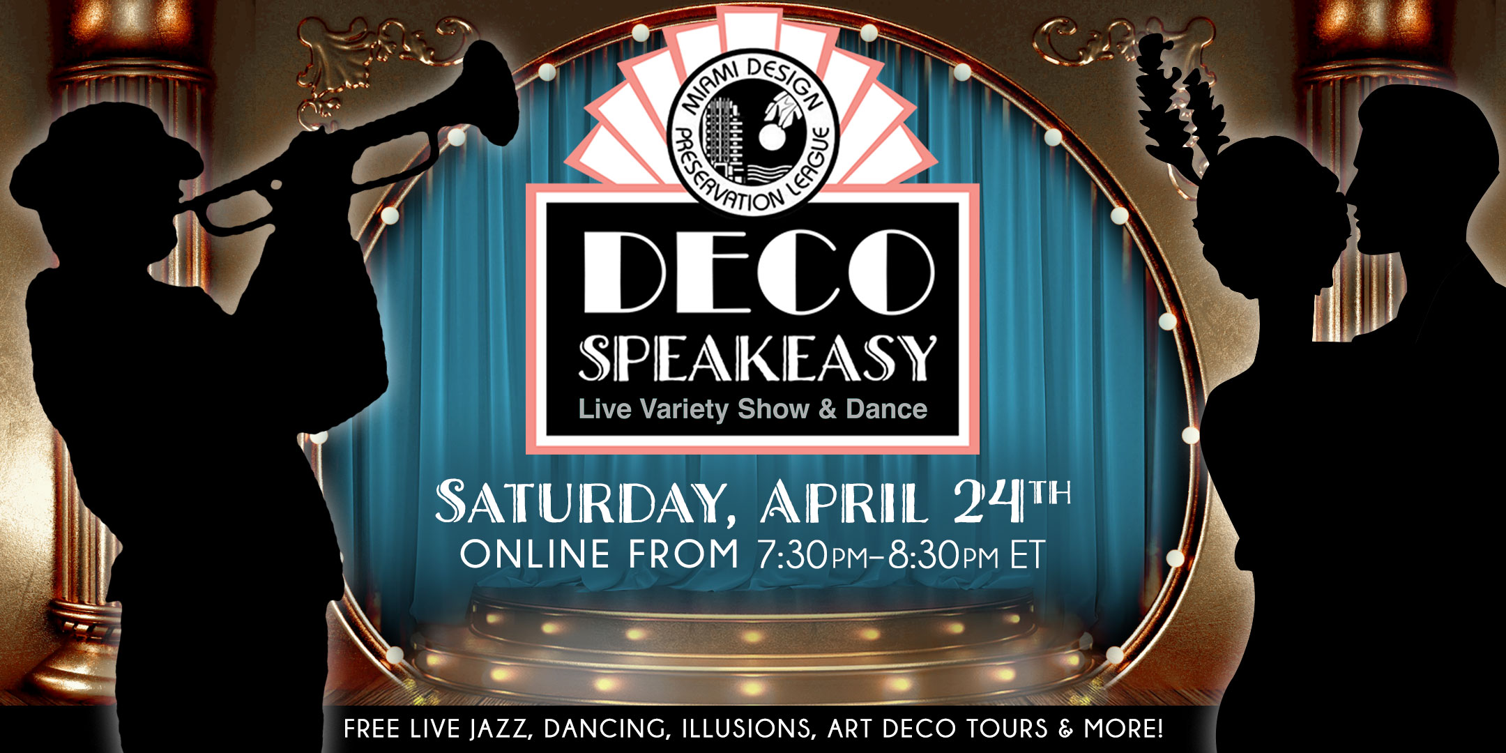 Celebrate World Art Deco Day with Miami Design Preservation League on a special Saturday edition of Deco Speakeasy! It's also National Jazz Appreciation Month, so dress up and dance, grab a cocktail or mocktail, and enjoy an hour of an interactive variety show with award-winning artists!